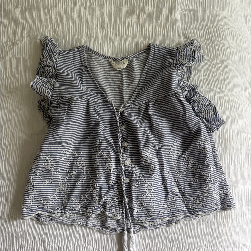 Women's Blue & White Striped Eyelet Tie-Front Blouse